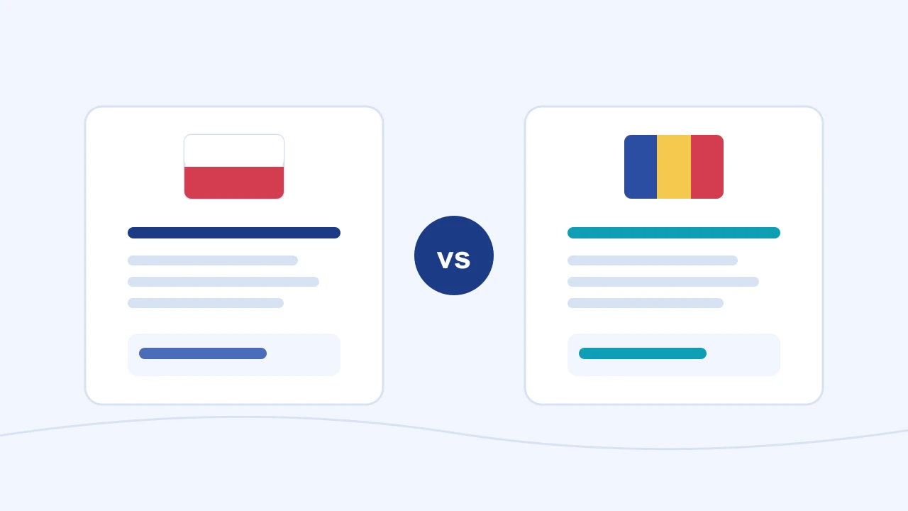 Two hiring-market cards compared side by side - one with the Polish flag, one with the Romanian flag - joined by a vs badge.